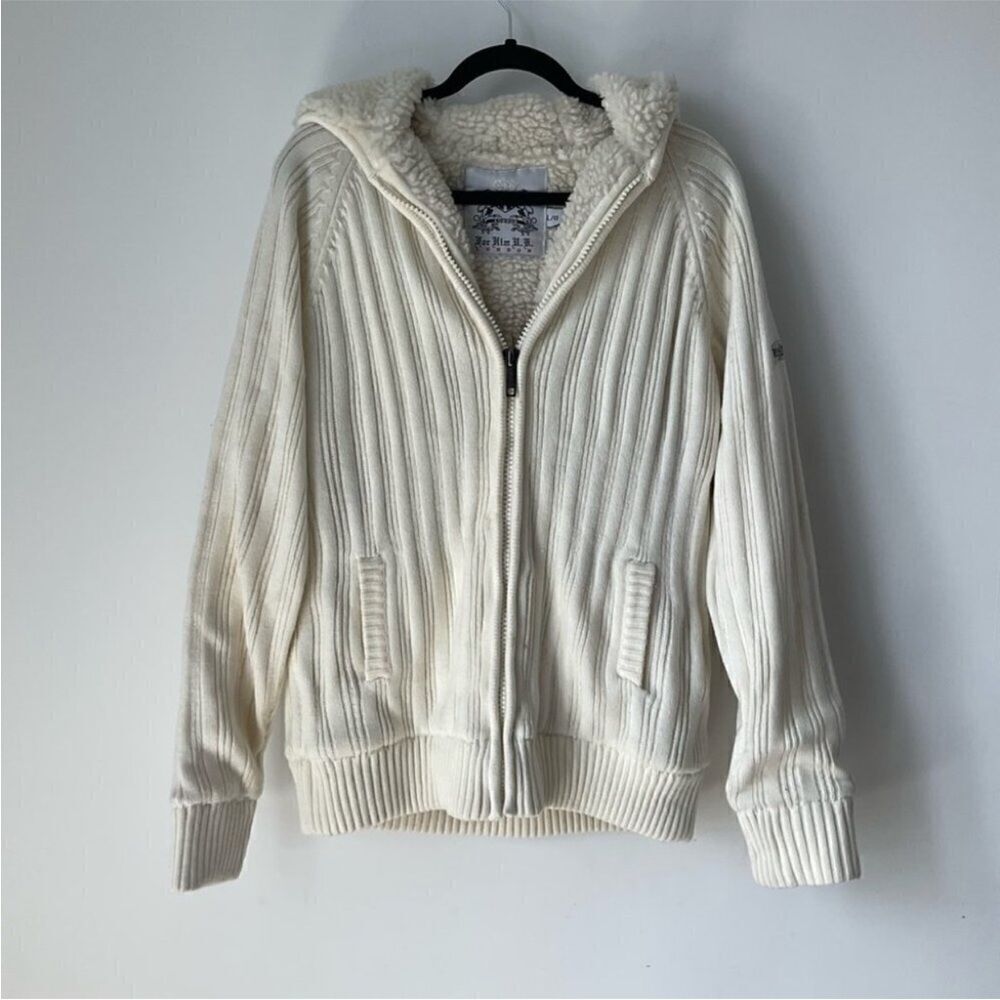 Y2k Thick Sherpa Lined Sweater Jacket Hood Men's Size L
